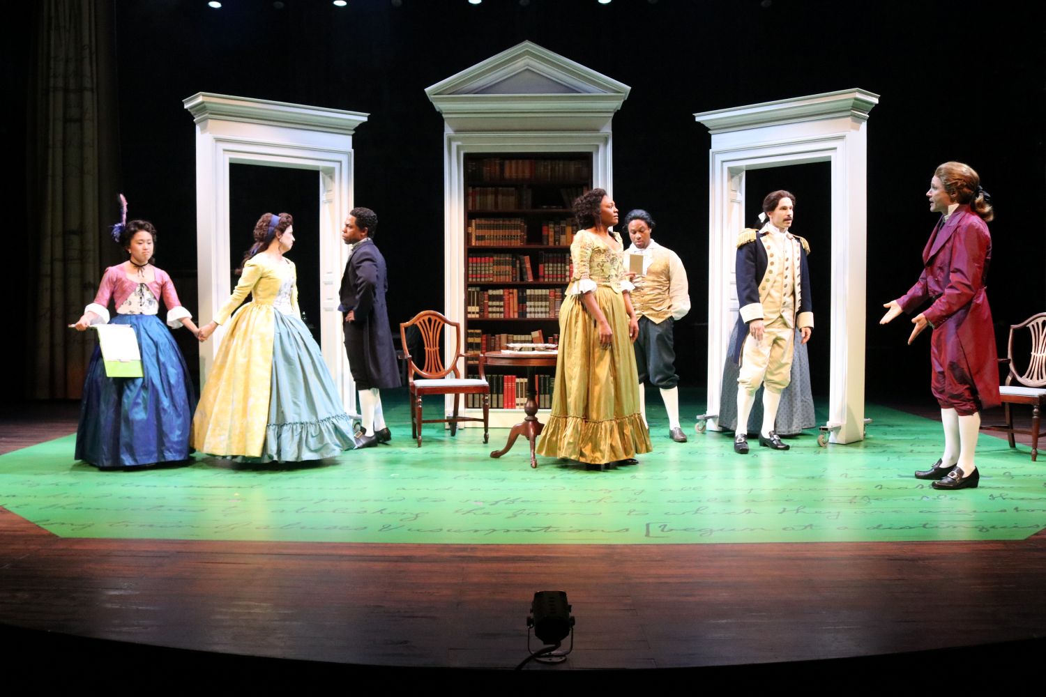 <p>Charlotte Kim, Kimberly Gilbert, Ro Boddie, Renea S. Brown, Jamar Jones, Colin Sphar, and Josiah Bania in SALLY &amp; TOM. Photo by Kent Kondo. </p>