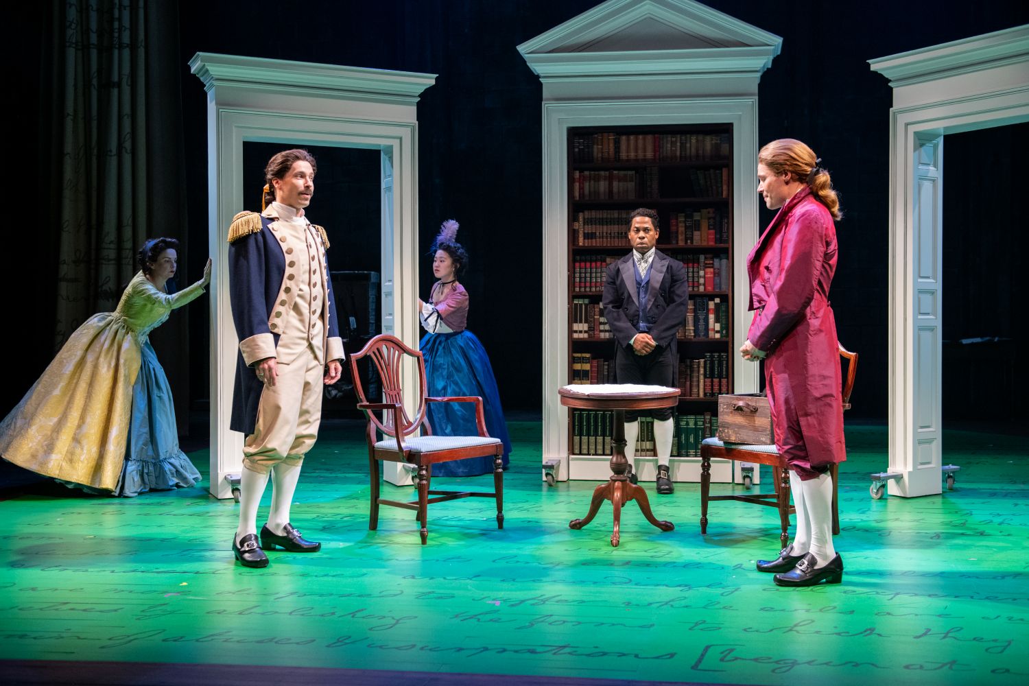 <p>Kimberly Gilbert, Colin Sphar, Charlotte Kim, Ro Boddie, and Josiah Bania in SALLY &amp; TOM. Photo by Margot Schulman. </p>