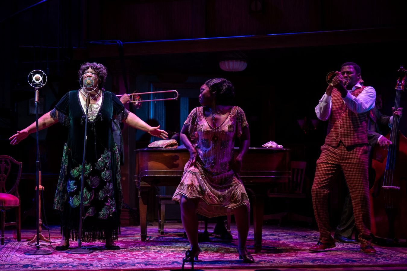 <p>Nicole Michelle Haskins (Ma Rainey), Kanysha Williams (Dussie Mae), and Yao Dogbee (Levee) in August Wilson's <em>Ma Rainey's Black Bottom. </em>Photo by Teresa Castracane. </p>