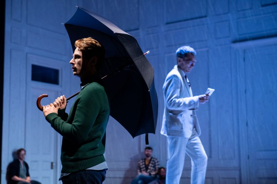 <p>David Gow (Eric Glass) and Robert Sella (Morgan, Walter Poole), foreground. Photo by Margot Schulman. </p>