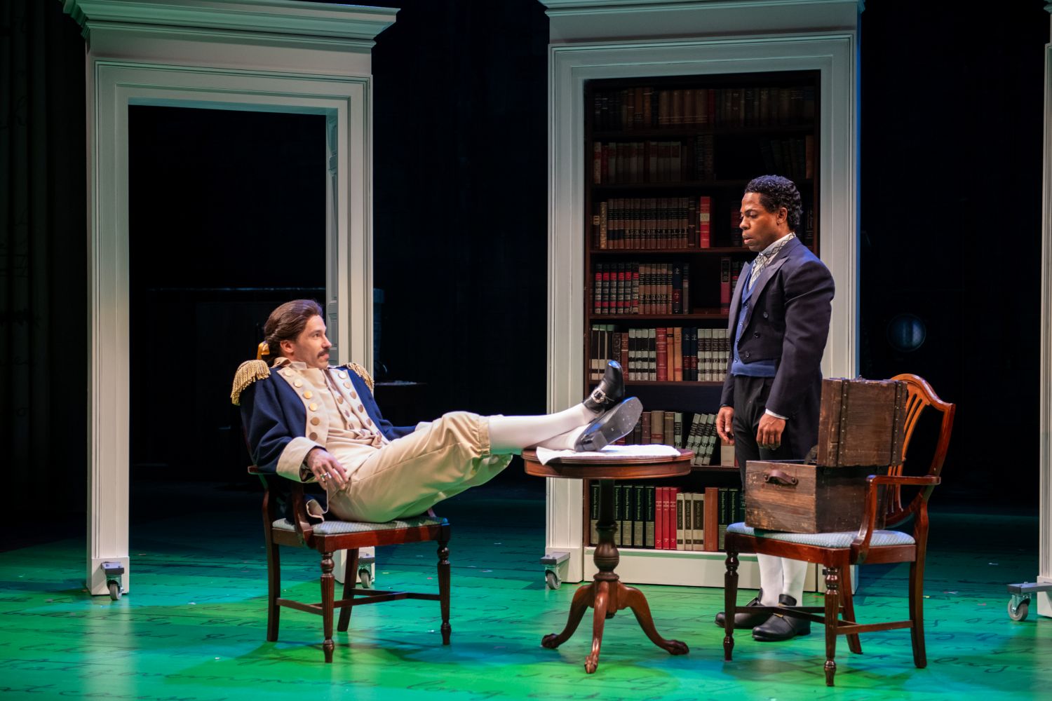 <p>Colin Sphar (Geoff/Cooper) and Ro Boddie (Kwame/James) in SALLY &amp; TOM. Photo by Margot Schulman. </p>