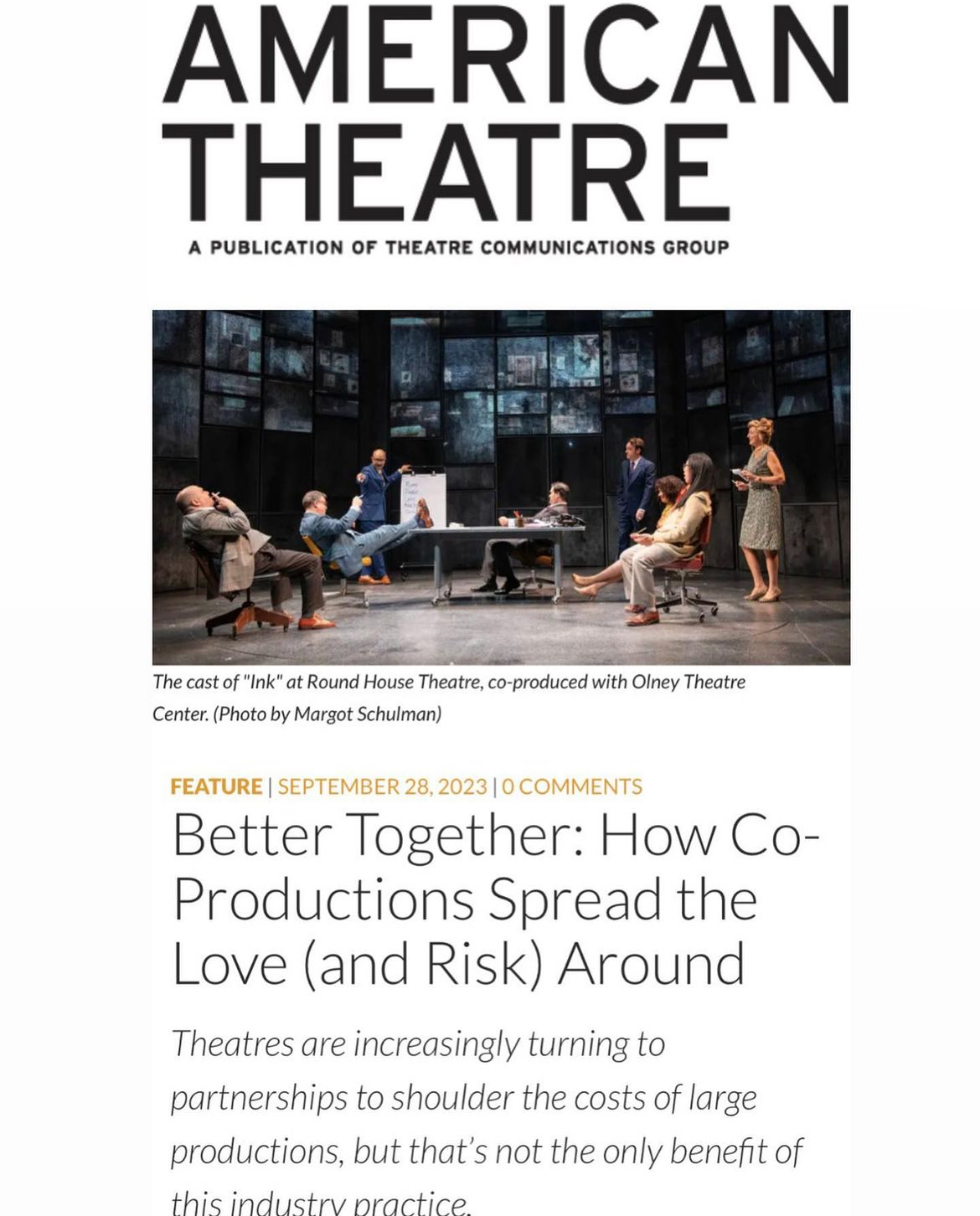 Featured in American Theatre Magazine: How Co-Productions Spread the Love (and Risk) Around