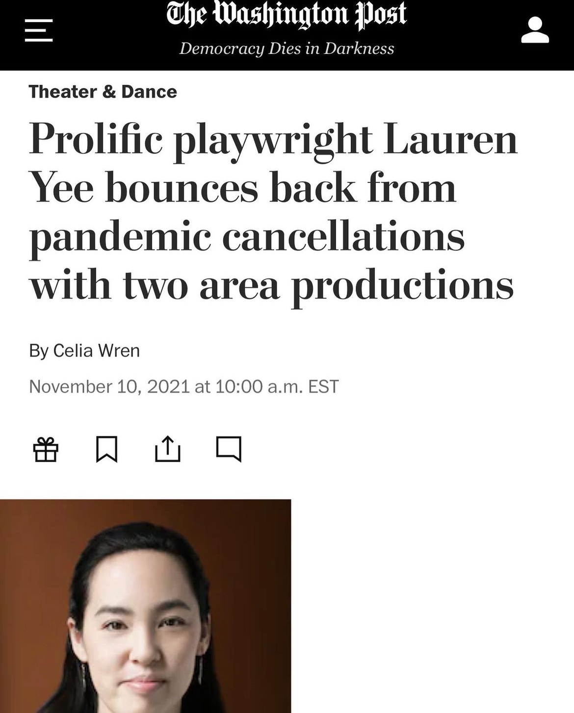 Washington Post Feature: Prolific playwright Lauren Yee bounces back from pandemic cancellations with two area productions