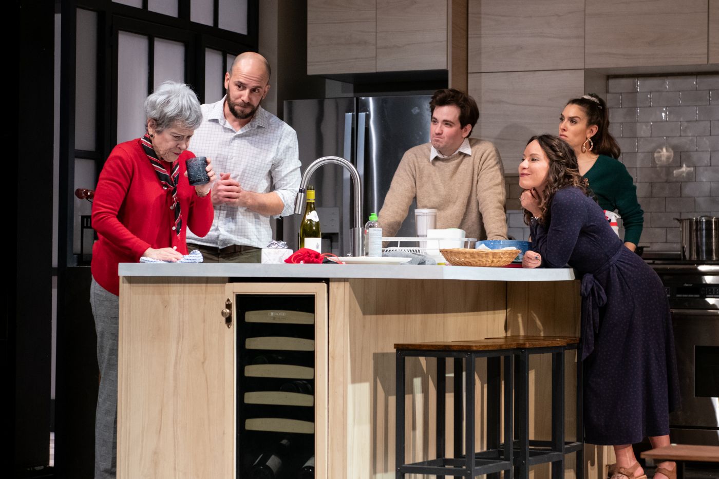 <p>Naomi Jacobson (Deborah), Jonathan Feuer (Adam), Will Conard (Matthew), Dani Stoller (Carrie), and Dina Thomas (Nicole) in RULES FOR LIVING. Photo by Margot Schulman.</p>
